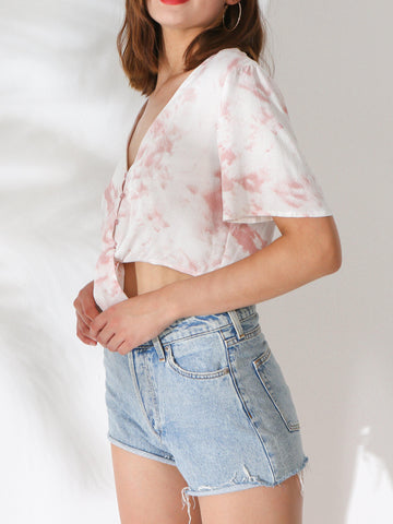 Tie-dye Tie Front Button Down Cropped Top - Shopmossrose